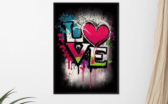 Kleurrijke Graffiti Poster In Banksy Stijl - Voorzien van de tekst "Love" met een groot hart - 50x70cm met zwarte kunststof wissellijst