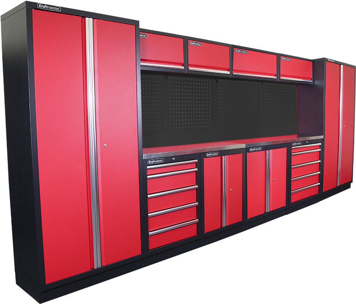 Kraftmeister werkplaatsinrichting - Werkbank met 4 wandkasten, 2 werkplaatskasten en RVS werkblad - Werktafel met 10 laden, 2 opbergkasten en gereedschapswand - Complete set voor werkplaats of garage - Rood