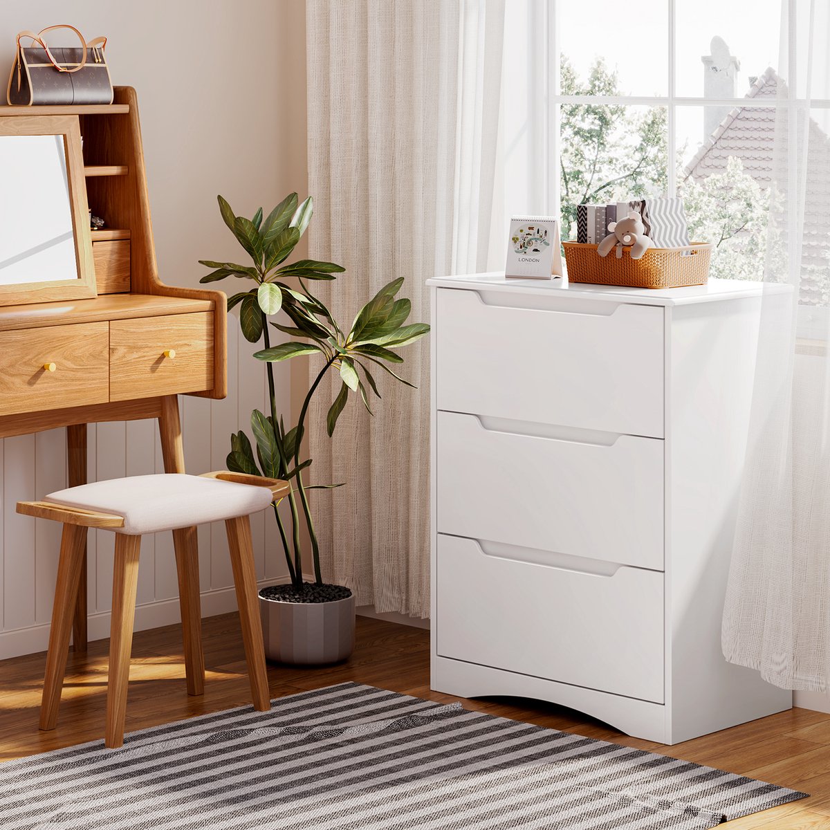Bealife – Commode 4 tiroirs en MDF blanche – Dimensions 71,4 x 41,1 x 82 cm – Poignée intégrée – Dispositif anti-trébuchement