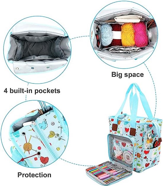 Yarwo Breitas, garenopbergorganizer, draagtas met dubbele bovenklep voor breinaalden (tot 35,5 cm), haaknaalden, rondbreinaalden, garen en projecten, grijs (alleen tas