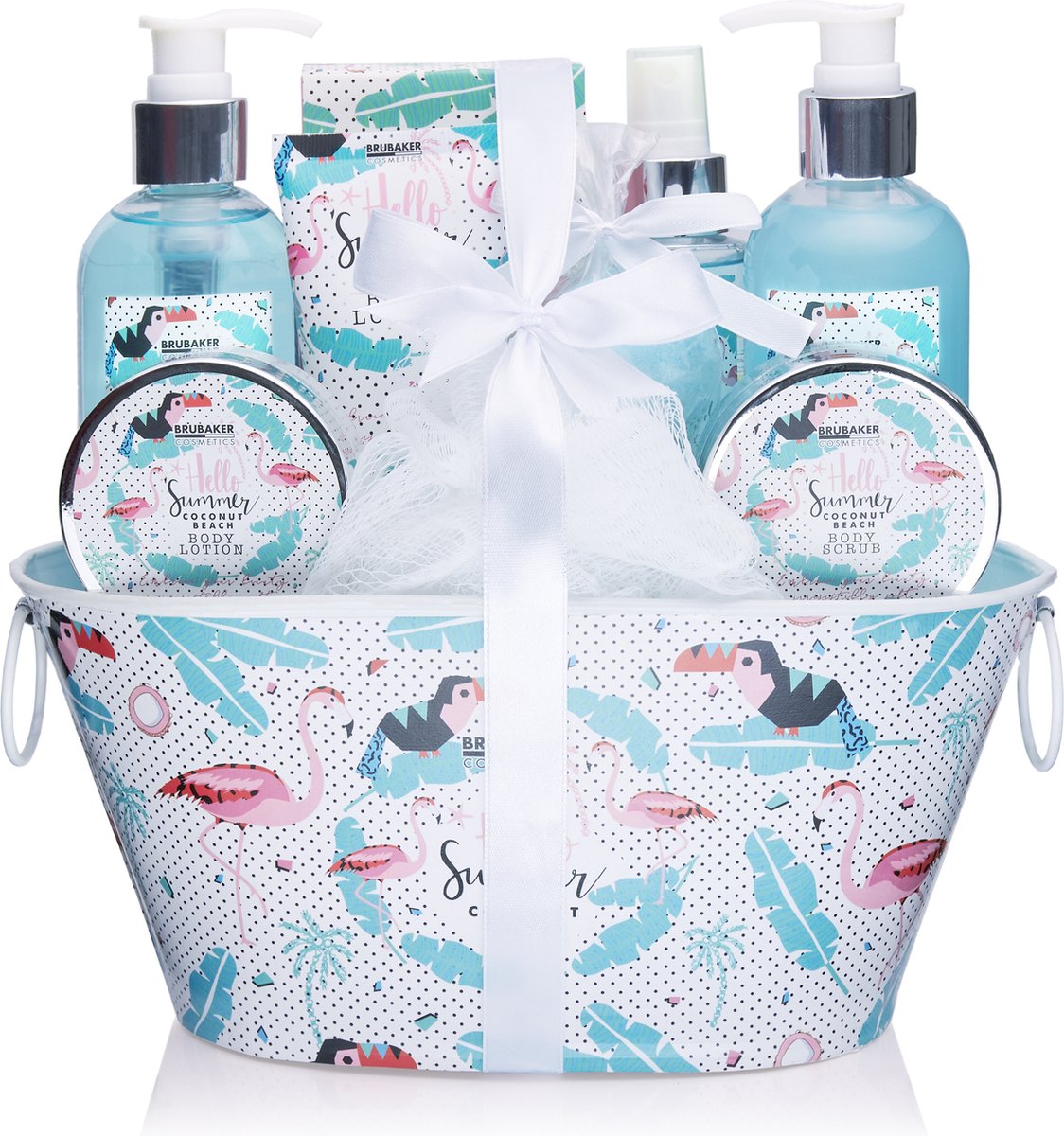 Goedkoopste BRUBAKER Beautyset Kokosnootgeur - - Cadeautip Vrouw - Cadeau Idee - 11-delige Cadeauset met Kuipje - Flamingo-print
