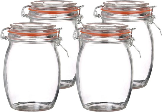 Urban Living Weck pot/pot de conserve - 4x - 1L - verre - avec fermeture clip - D10 x H17 cm