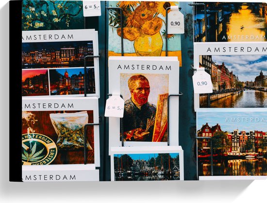 Canvas - Amsterdamse Ansichtkaarten in het Rek - 40x30 cm Foto op Canvas Schilderij (Wanddecoratie op Canvas)