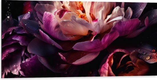 Dibond - Paars-Roze Kleurige Open Bloem met Waterdruppels - 100x50 cm Foto op Aluminium (Wanddecoratie van metaal)