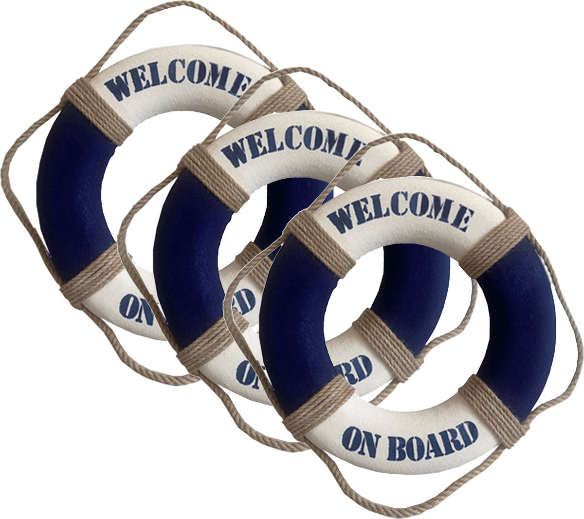 Gerkimex Reddingsboei - 3x - Welcome on board - 25 cm - blauw/wit - kunststof - maritiem thema decoratie