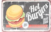Wandbord – Mancave – Hot burgers - Hamburger – Vintage - Retro - Wanddecoratie – Reclame bord – Restaurant – Kroeg - Bar – Cafe - Horeca – Metal Sign - 20x30cm