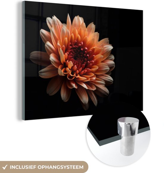 MuchoWow® Glasschilderij 40x30 cm - Schilderij acrylglas - Bloemen - Oranje - Natuur - Chrysant - Zwart - Foto op glas - Schilderijen