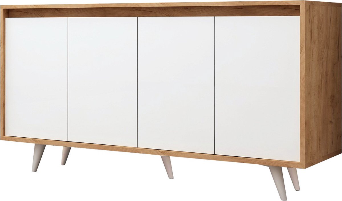 Dressoir - Stijlvol Wit & Eiken Design - 140x86x40cm - Duurzaam Melamine Materiaal