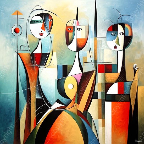 JJ-Art (Aluminium) 80x80 | 3 Vrouwen in modern surrealisme, kleurrijk, kunst | abstract, blauw, rood, wit, bruin, zwart, vierkant, modern | foto-schilderij op dibond, metaal wanddecoratie
