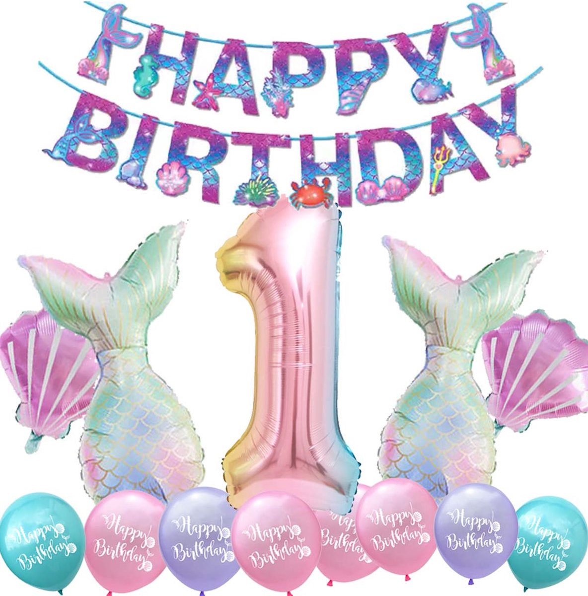 Snoes - Cijfer Folie Ballon - 1 Jaar Ballon - Zeemeermin Mermaid Mega pakket inclusief Slinger - Verjaardag - Meisje - Birthday Girl - Happy Birthday
