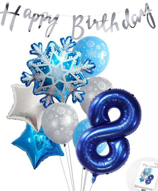 Cijferballon 8 Blauw - Frozen - Ijssterren - Ballonnen Pluspakket - Slinger Feestvieren - Verjaardag Snoes