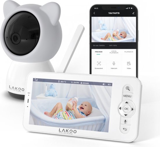 LAKOO BabyGuard Kitty - Babyfoon met Camera, App en Monitor - 720HD, Wifi, Nachtzicht, Bewegingsdetectie, Terugspreekfunctie, Slaapmuziek, Draaibaar - 1 Camera