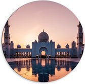 Dibond Muurcirkel - Zon Zakkend achter Sjeik Zayed Moskee in Abu Dhabi, Verenigde Arabische Emiraten - 60x60 cm Foto op Aluminium Muurcirkel (met ophangsysteem)