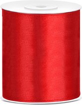 1x Hobby/decoratie rood satijnen sierlint 10 cm/100 mm x 25 meter - Cadeaulinten satijnlinten/ribbons