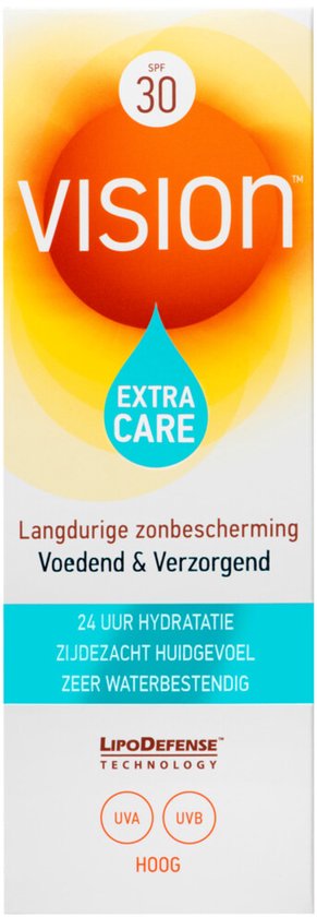 Verpakking van Vision zonnebrandcrème SPF 30 Extra Care. Langdurige zonbescherming, voedend, verzorgend, 24 uur hydratatie.