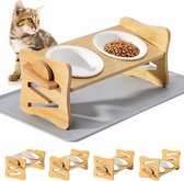 Keramische kattenbak, vorig station voor katten en honden, wordt geleverd met voedselmat voor huisdieren, houten standaard, kattenbak verhoogd aanpasbaar op 4 hoogtes, voor Puppy Cat Small Dog (geel)