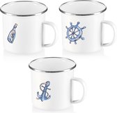 3x tasses en émail - gobelets en acier inoxydable émaillé - théière - tasse à café pour l'extérieur et le camping - ensemble de tasses 3 pièces - va au lave-vaisselle (blanc - maritime)