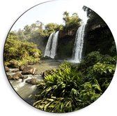 Dibond Muurcirkel - Water - Stenen - Bomen - Waterval - Planten - Groen - 40x40 cm Foto op Aluminium Muurcirkel (met ophangsysteem)