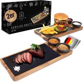 Serveerplank set van 2 van FSC®-gecertificeerd acaciahout met leisteen plaat en sauzen kommen voor steak, burgers, sushi en nog veel meer - perfecte accessoires voor bijvoorbeeld barbecueën