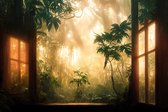 Fotobehang A Large Arch-Shaped Window, A Portal In The Dark Mystical Forest, The Sun's Rays Pass Through The Window And Trees, Shadows. Fantasy Beautiful Forest Fantasy Landscape. 3D . - Vliesbehang - 416 x 290 cm