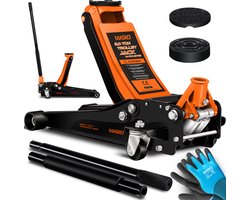 MASKO® krik hydraulische vlakke hefhoogte garagekrik + 2x rubber pads + handschoenen autokrik rangeerkrik hydraulische 360° rollen auto krik onder standaard – 3 Ton – Oranje