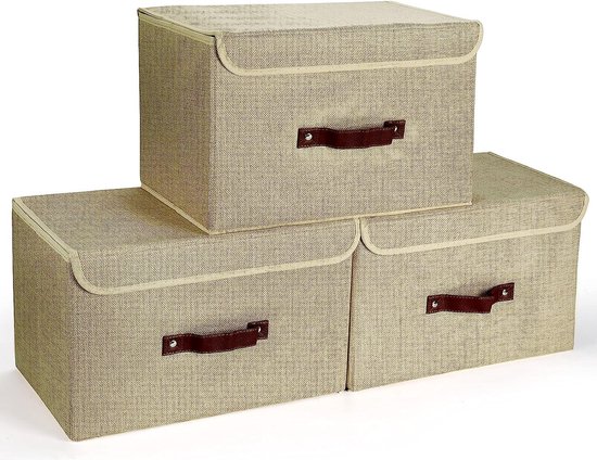 Boîte de rangement pliable, boîtes de rangement avec couvercle, cube de panier de rangement en tissu avec poignées pour organiser une étagère, une chambre d'enfant, un placard et un bureau (Beige)