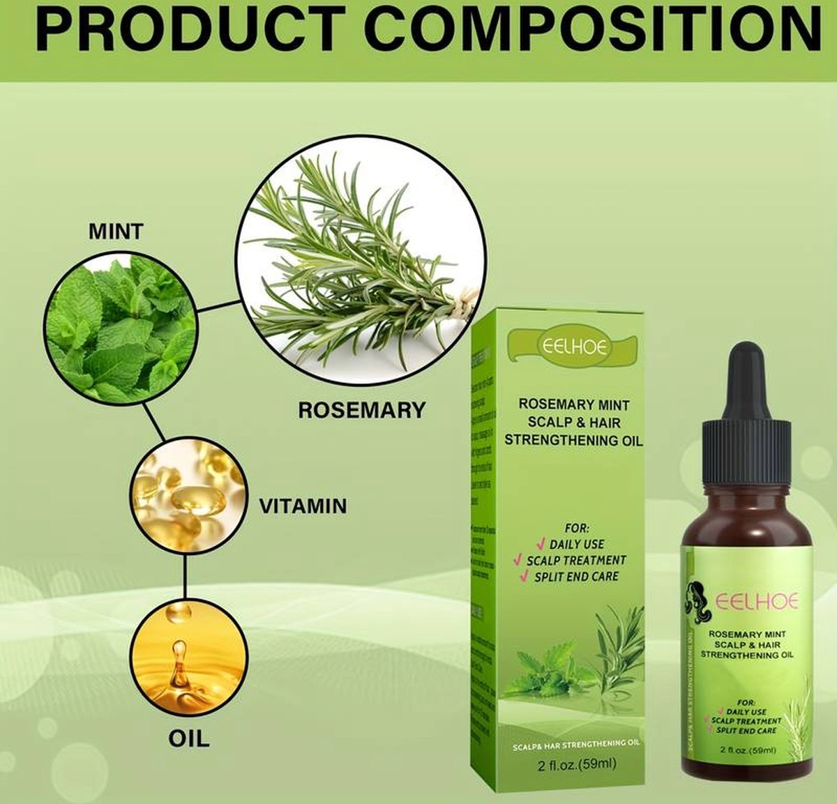 Rosemary Oil 60ML Huile de Romarin pour Cheveux Sourcils Et Cils