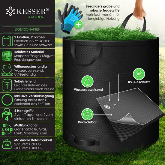 KESSER® Tuinafvalzak Tuinzak Set Bladzak incl. Handschoenen - Zelf Staand 4 Handvatten Stabiel Robuust & Opvouwbaar - Bladzakken Maaisel Tuinzakken voor Tuinafval Groenafval - 9x 272 Liter, Zwart van KESSER — afbeelding 5