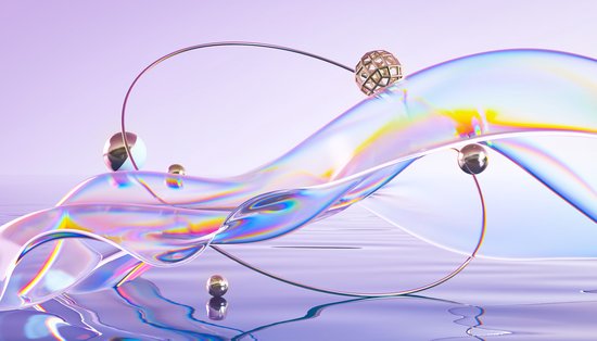 Foto: Fotobehang abstract 3d render glass ribbon on water with geometric circle and spheres holographic shape in motion iridescent digital art for banner background wallpaper transparent glossy design element vliesbehang 405 x 270 cm