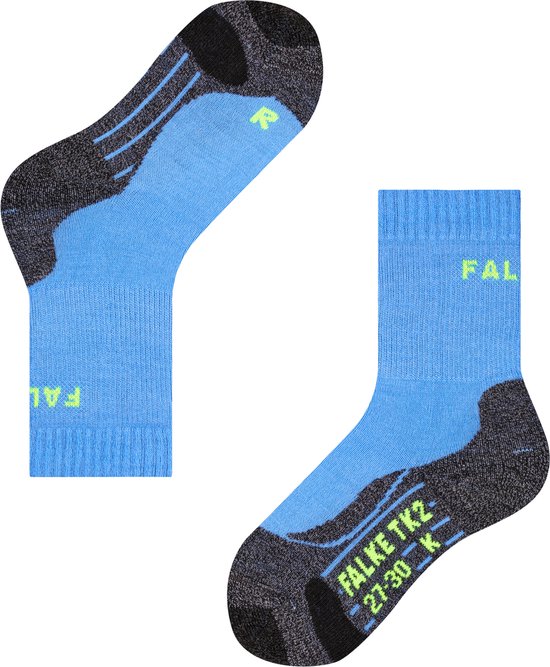 Blauwe Falke kindersokken, met grijszwarte versteviging bij hiel en tenen, en neongele letters 'FALKE TK2 27-30'.