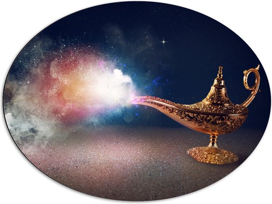 Dibond Ovaal - Magische Gouden Lamp met Kleurrijke Rook - 80x60 cm Foto op Ovaal (Met Ophangsysteem)