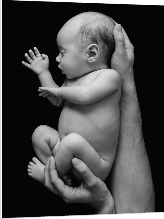 PVC Schuimplaat - Pasgeboren Baby in Handen van Vader (Zwart- wit) - 75x100 cm Foto op PVC Schuimplaat (Met Ophangsysteem)