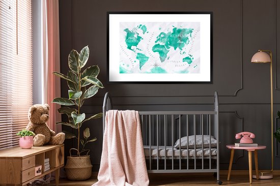 Poster in lijst - Fotolijst 120x80 cm - Posters - Wereldkaart - Schilderij - Waterverf - Posterlijst zwart - Decoratie - Wanddecoratie woonkamer - Muurdecoratie slaapkamer