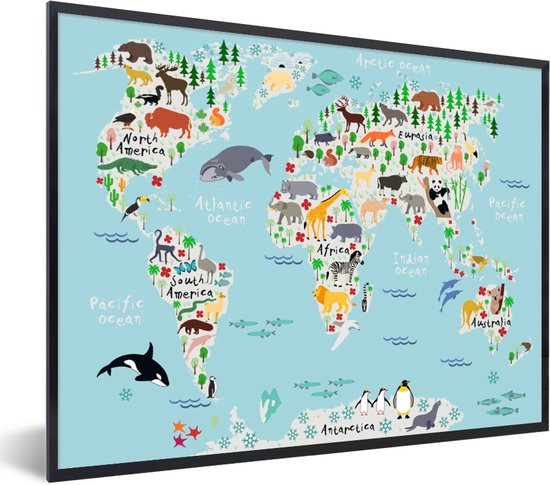 Affiche avec cadre Monde - Carte - Enfants - Animaux - 40x30 cm