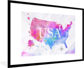 Fotolijst incl. Poster - Wereldkaart - Waterverf - Verenigde Staten - 90x60 cm - Posterlijst