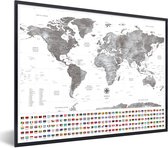 Fotolijst incl. Poster - Wereldkaart - Vlag - Zwart - Wit - 80x60 cm - Posterlijst