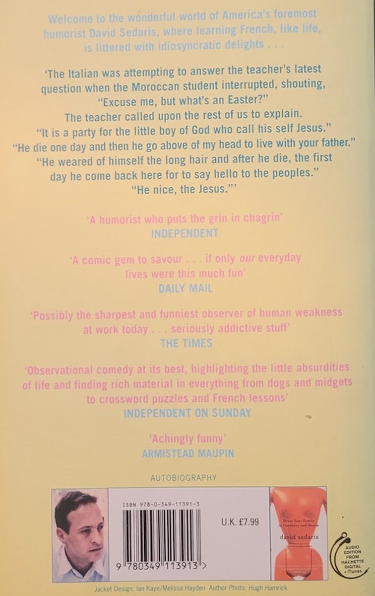 Achterkant van het boek 'Me Talk Pretty One Day' met recensies en auteursfoto.