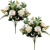 Louis Maes Kunstbloemen boeket rozen/magnolia met bladgroen - 2x - wit - H50 cm - Bloemstuk