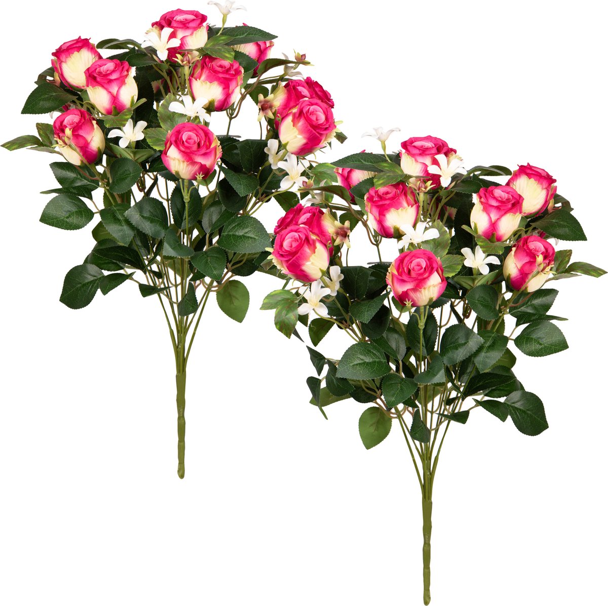 Louis Maes Kunstbloemen boeket rozen/bloesem met bladgroen - 2x - cerise - H49 cm - Bloemstuk