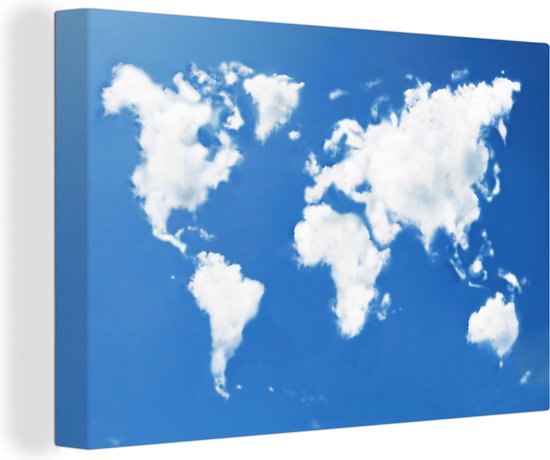 Canvas Wereldkaart - 90x60 - Wanddecoratie Wereldkaart - Wolken - Lucht - Kinderen - Jongens - Meisjes
