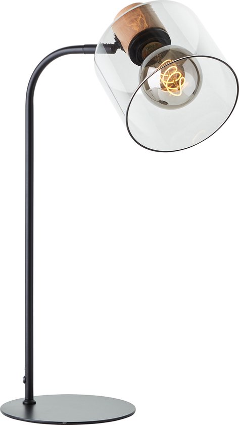 Brilliant Lampe de table Weald noir/fumée/bois métal/verre/bois cordon interrupteur 1x A60, E27, 40 W, adapté à une lampe normale (non incluse)