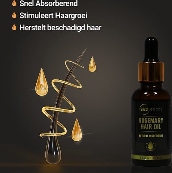 Een illustratie van een haarstreng die wordt omwikkeld door een gouden spiraal, met druppels olie eromheen. De tekst zegt: "Snel Absorberend", "Stimuleert Haargroei", "Herstelt beschadigd haar".
