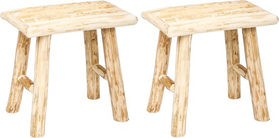 Atmosphera Zit krukje/bijzet stoel - 2x - hout - houtskleur - L23 x B34 x H31 cm