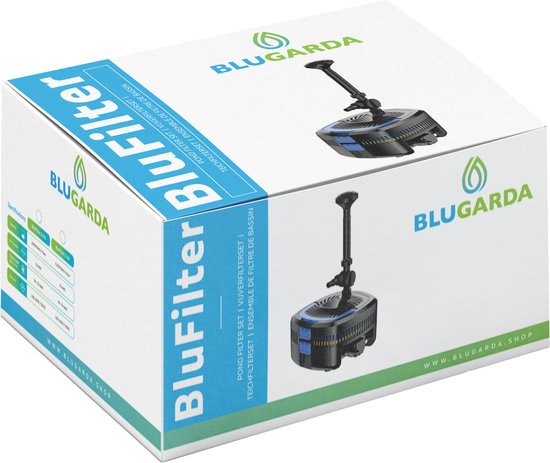 Verpakking van de BluGarda BluFilter vijverpomp set met afbeeldingen van de pomp.