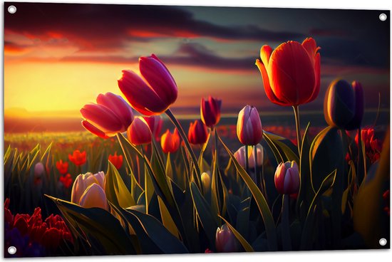 Tuinposter – Kleurrijke Tulpen in Bloemenveld - 105x70 cm Foto op Tuinposter (wanddecoratie voor buiten en binnen)