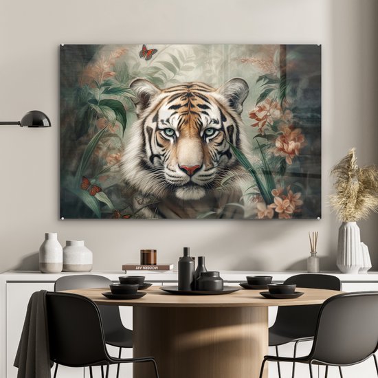 Peinture sur verre - Tigre - Fleurs - Blinder - Animaux - Nature - Plaque de verre - Photo sur verre - Peintures sur verre salon - Peinture sur verre - 120x80 cm - Décoration murale - Décoration murale - Chambre - Décoration de chambre