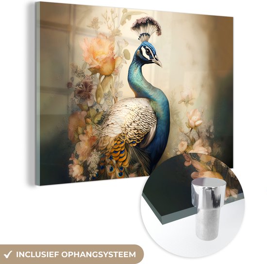 MuchoWow® Glasschilderij 120x80 cm - Schilderij acrylglas - Pauw - Pauwenveren - Bloemen - Vogels - Botanisch - Foto op glas - Schilderijen