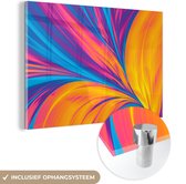 Glasschilderij abstract - Neon - Veren - Design - Decoratieve accessoires - Slaapkamer - Wanddecoratie glas - 120x80 cm - Foto op glas - Schilderij glas - Glasplaat