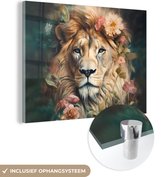 Glasschilderij - Leeuw - Bloemen - Roze - Natuur - Wilde dieren - Glasplaat - Foto op glas - Glasschilderijen woonkamer - Schilderij op glas - 120x90 cm - Muurdecoratie - Wanddecoratie - Slaapkamer - Kamer decoratie