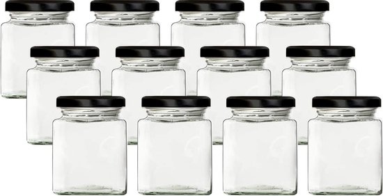 FINEW 12 stuks 500 ml vierkante kruidenpotjes van hoogwaardig glas met bamboedeksel, stapelbaar en luchtdicht, voor het bewaren van specerijen, kleine potjes met deksel en